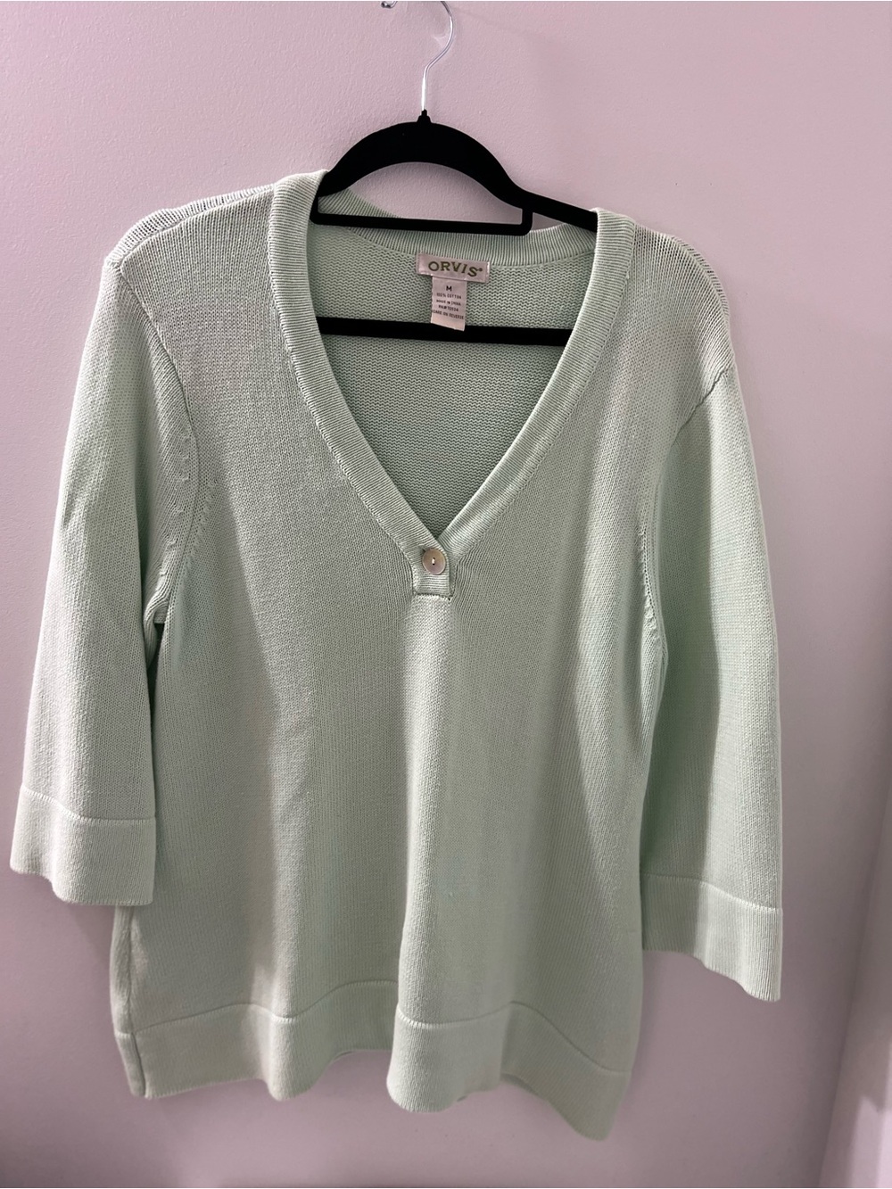 Orvis Light Mint V-Neck Button Knit Sweater